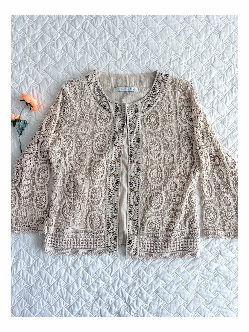 Peter Nygard Beige Crochet Lace Beaded Open Front Jacket Cardigan